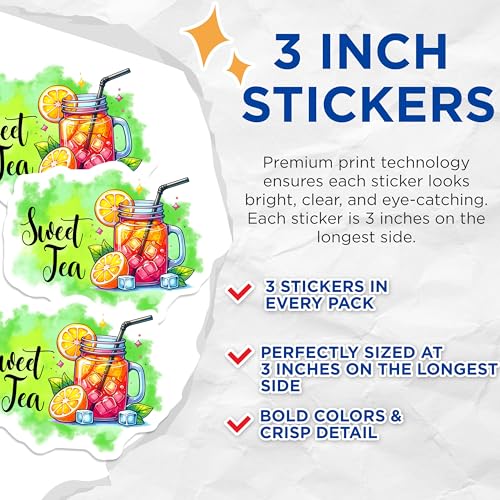 (3 Pack) Sweet Tea Decals - Iced Tea Sticker - Summer Drink Decal - 3 Inches On Longest Side - Easy Peel & Apply - Made in USA - 3MCS7072