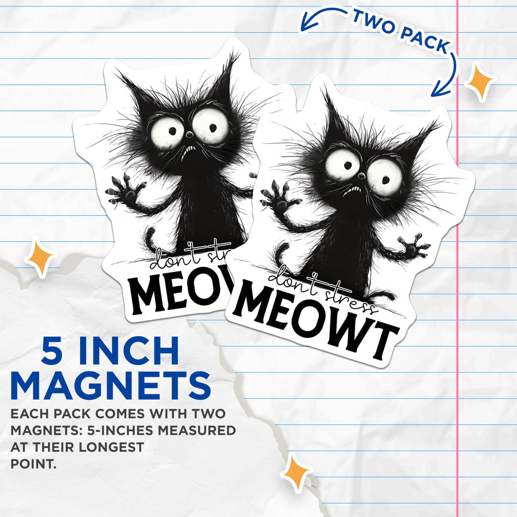 (2 Pack) Crazy Cat Lady Magnets - Funny Black Cat - Don't Stress Meowt Refrigerator Decor - 5" On Longest Side - Premium Magnet - for Cars, Refrigerators, Toolboxes, Lockers - Made in USA - MAG14598