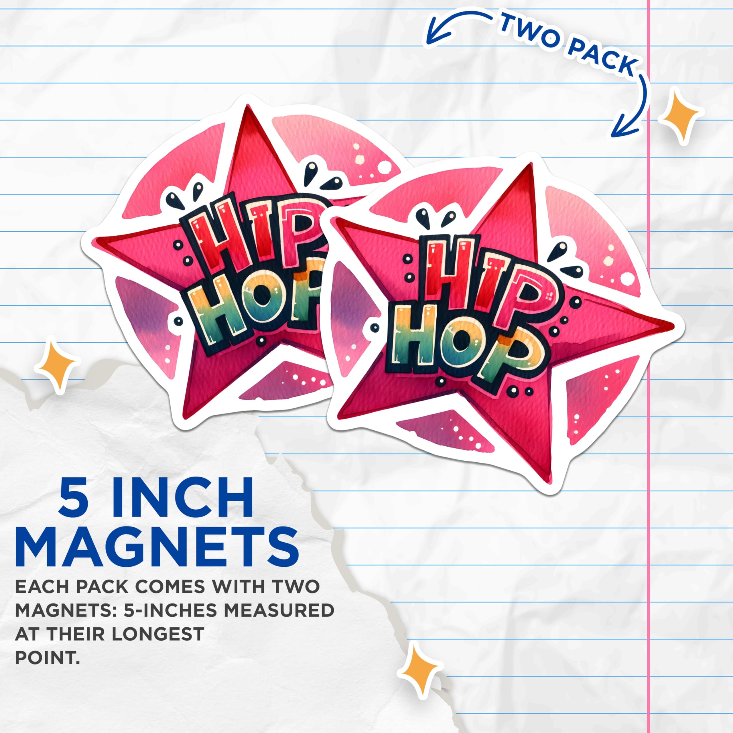 (2 Pack) Hip Hop Magnets - Star Design Magnet - Music Lover Refrigerator Magnets - 5" On Longest Side - Premium Magnet - for Cars, Refrigerators, Toolboxes, Lockers - Made in USA - MAG14352