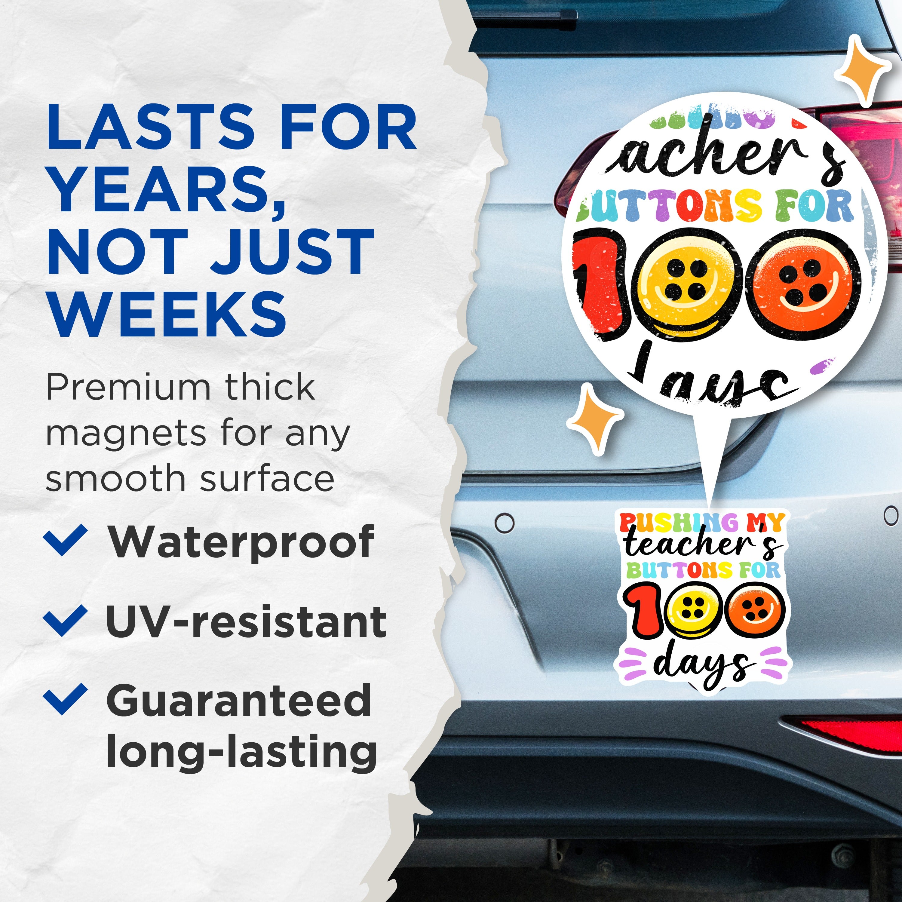 (2 Pack) 100th Day Teacher Magnets - School Humor Buttons - Groovy Educator Appreciation Item - 5 Inches On Longest Side - Thick Durable Magnet - Made in USA - MAG39206