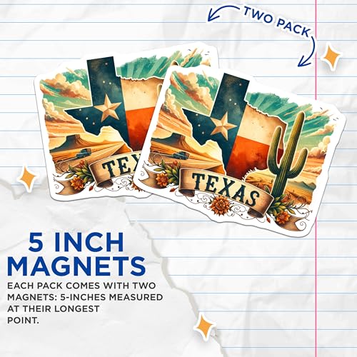 (2 Pack) Texas State Pride Magnets - Lone Star State - Western Art - Texas Decor - Road Trip Souvenir - 5" On Longest Side - for Cars, Fridges, Toolboxes - Made in USA - MAG7273