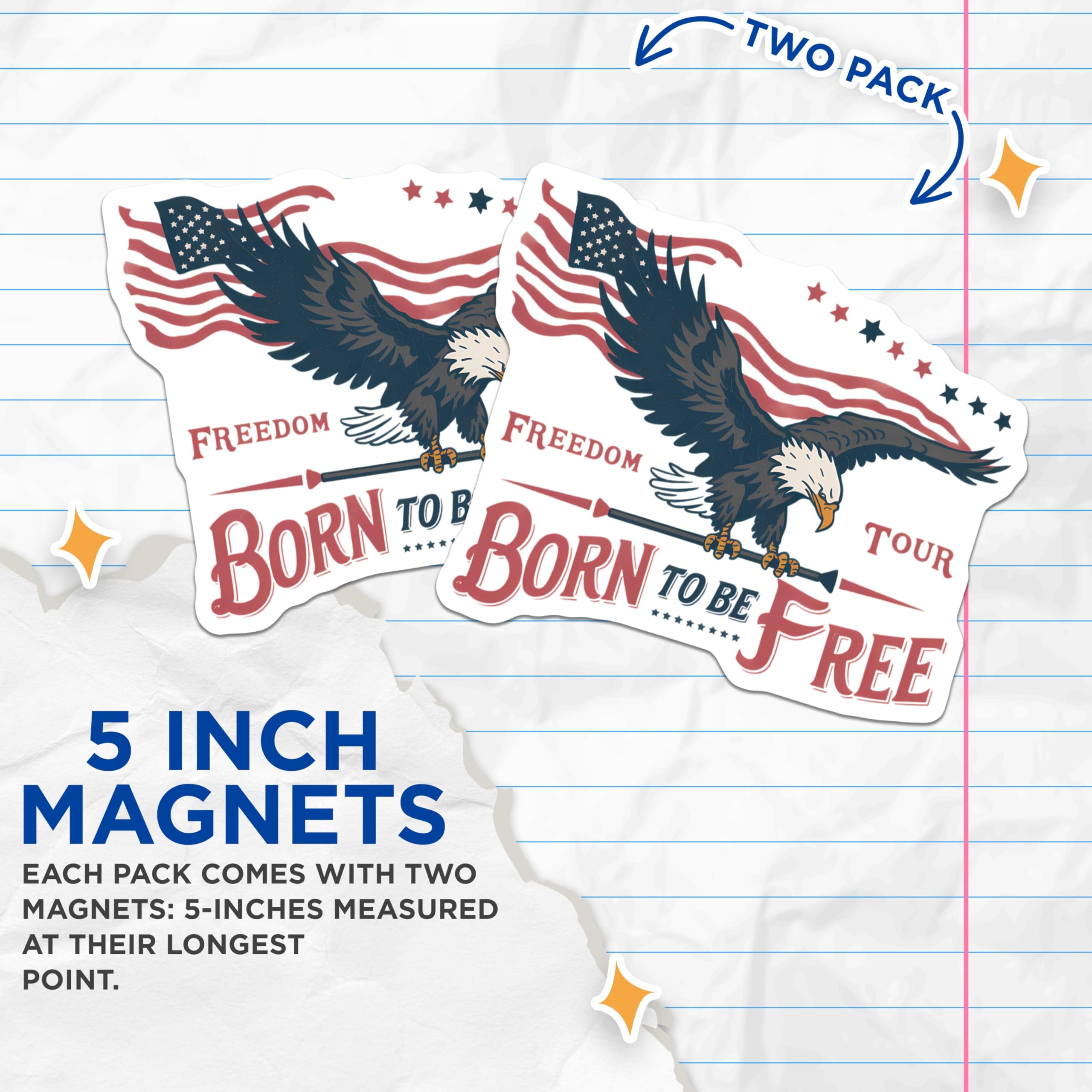 (2 Pack) Bald Eagle Magnets - American Flag Freedom Art - Born to Be Free Patriotic Decor - 5 Inches On Longest Side - Thick Durable Magnet - Made in USA - MAG21683