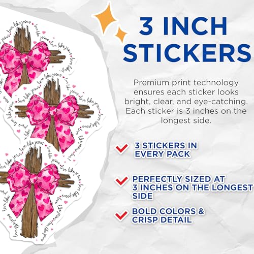 (3 Pack) Religious Decals - Cross with Bow - Love Like Jesus - 3 Inches On Longest Side - Easy Peel & Apply - Made in USA - 3MCS2300