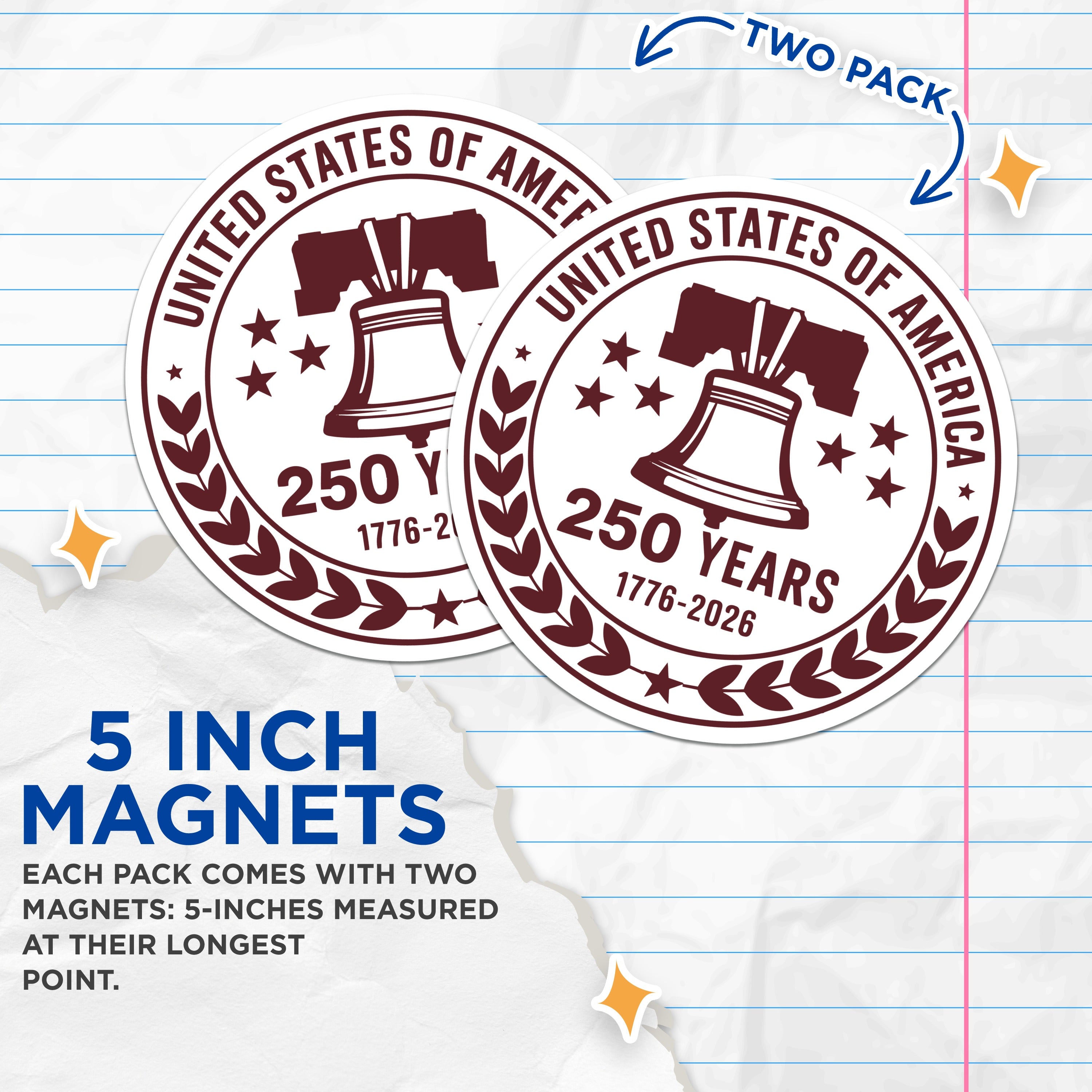 (2 Pack) USA 250 Years Magnets - Liberty Bell American History - Patriotic Commemorative Decor - Independence Day - 5 Inches On Longest Side - Thick Durable Magnet - Made in USA - MAG37397