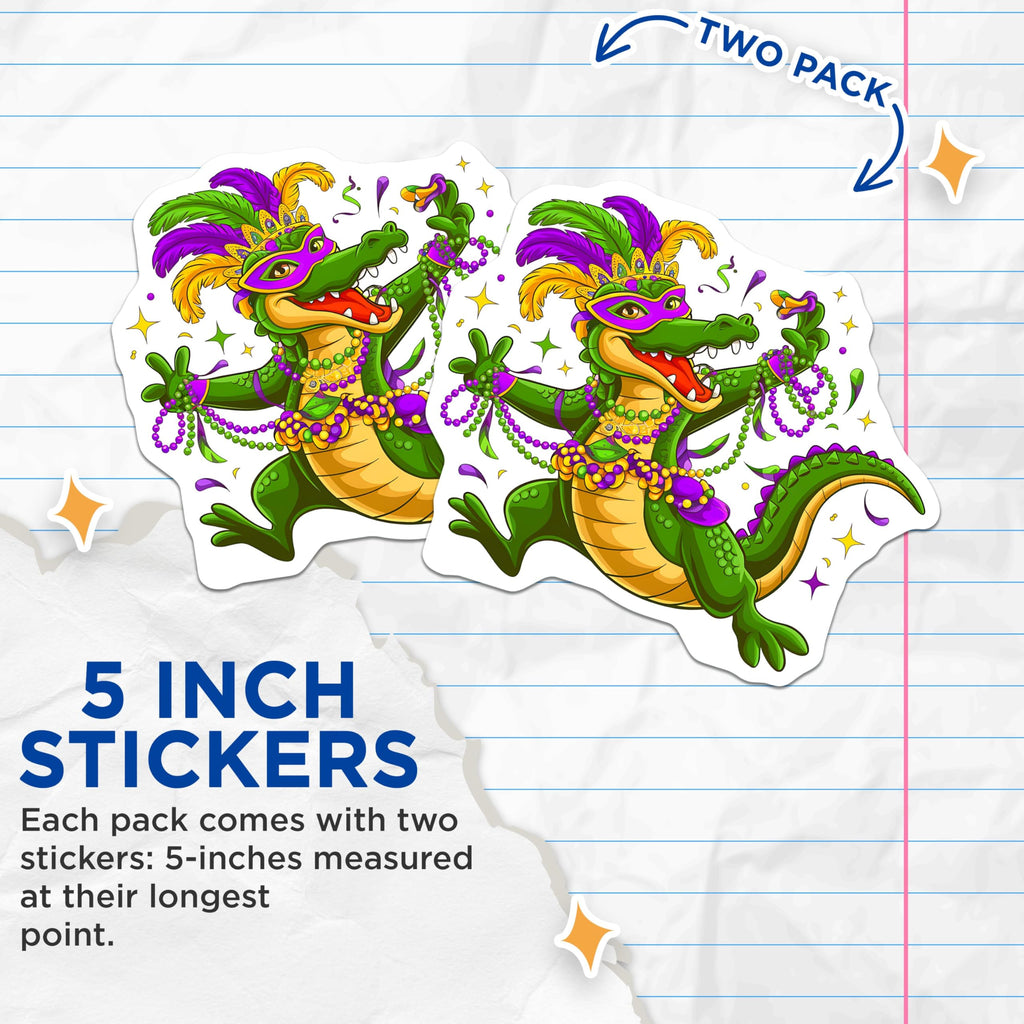 (2 Pack) Mardi Gras Alligator Stickers - Colorful Festival Stickers - Fun Celebration Stickers - 5" On Longest Side - Sticks to Smooth Flat Surfaces - Made in USA - BMCS9436