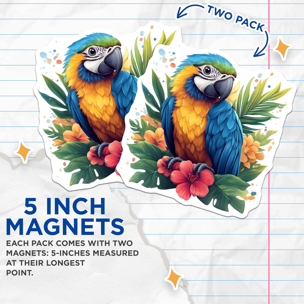 (2 Pack) Tropical Parrot Magnets - Vibrant Macaw Kitchen Decor - Exotic Bird Art Refrigerator Decor - 5 Inches On Longest Side - Thick Durable Magnet - Made in USA - MAG28328