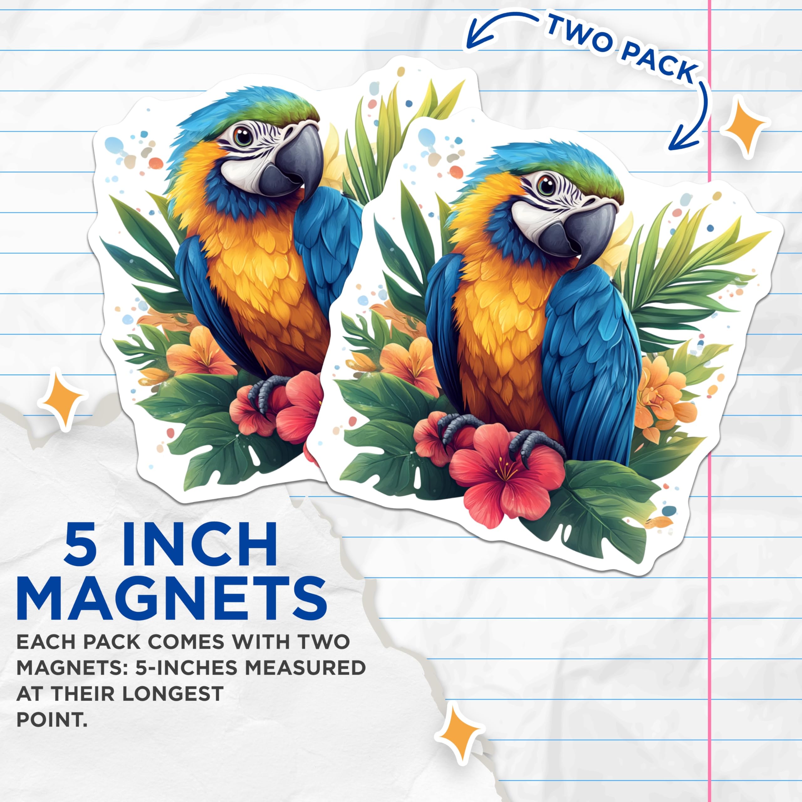 (2 Pack) Tropical Parrot Magnets - Vibrant Macaw Kitchen Decor - Exotic Bird Art Refrigerator Decor - 5 Inches On Longest Side - Thick Durable Magnet - Made in USA - MAG28328