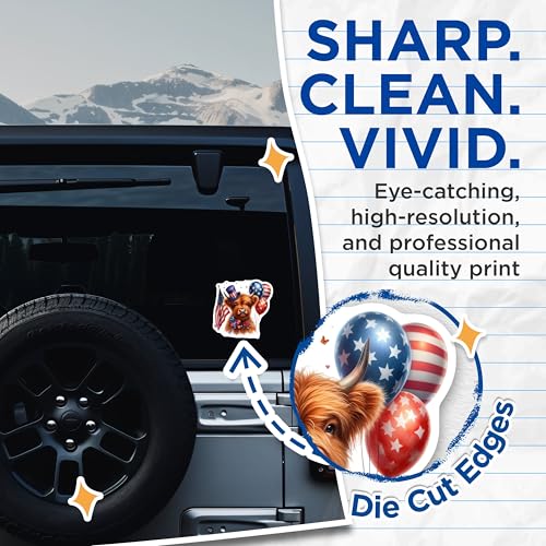 (2 Pack) Patriotic Highland Cow Stickers - 4th of July Decorations - Independence Day Stickers - 5" On Longest Side - Sticks to Smooth Flat Surfaces - Made in USA - BMCS6352