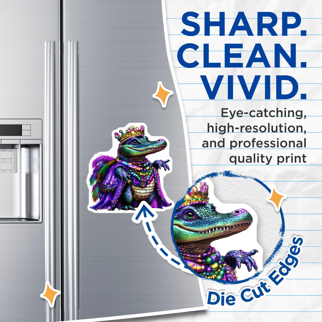 (2 Pack) Mardi Gras Alligator Magnets - King Gator Decor - Festive Fridge Art - 5" On Longest Side - Premium Magnet - for Cars, Refrigerators, Toolboxes, Lockers - Made in USA - MAG15833