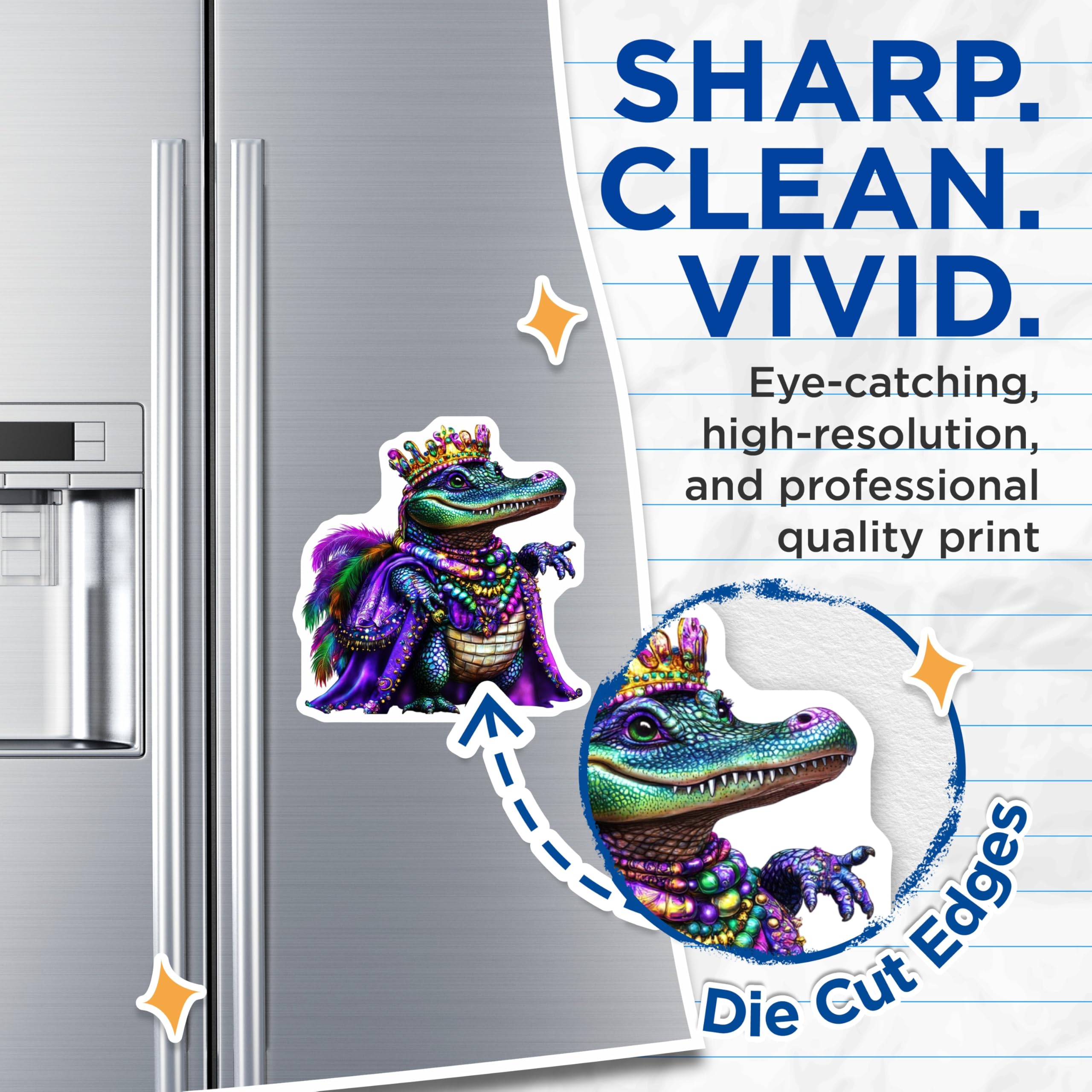 (2 Pack) Mardi Gras Alligator Magnets - King Gator Decor - Festive Fridge Art - 5" On Longest Side - Premium Magnet - for Cars, Refrigerators, Toolboxes, Lockers - Made in USA - MAG15833