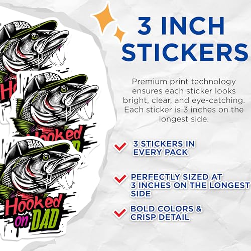 (3 Pack) Bass Fishing Decals - Hooked on Dad - Fishing Lover Decals - 3 Inches On Longest Side - Easy Peel & Apply - Made in USA - 3MCS2270