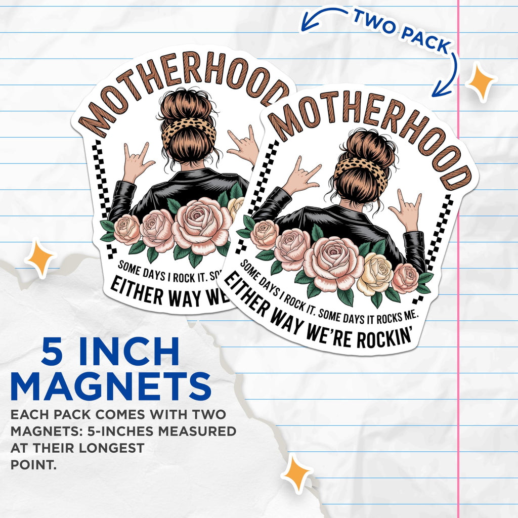 (2 Pack) Motherhood Magnets - Rockin Mom Life - Messy Bun Leopard Print - 5 Inches On Longest Side - Thick Durable Magnet - Made in USA - MAG23045