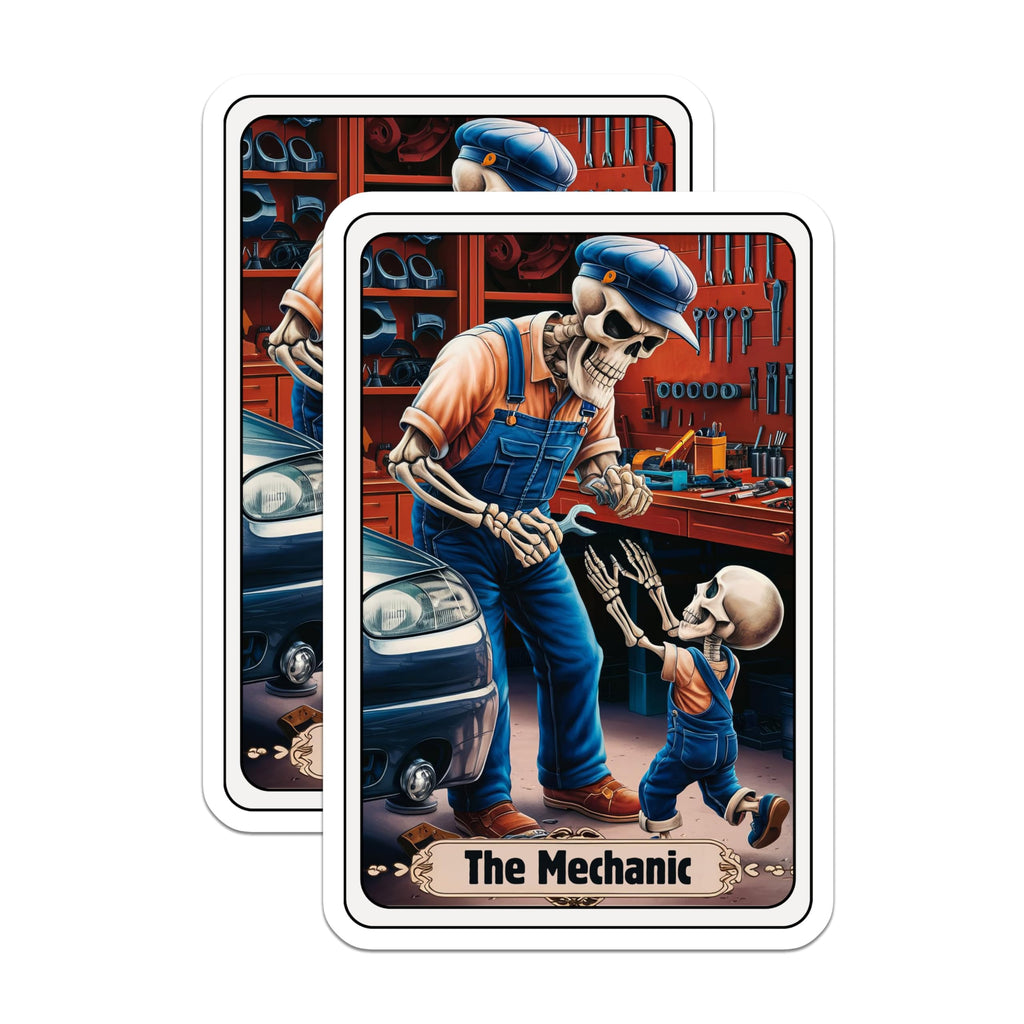 (2 Pack) The Mechanic Stickers - Skeleton Workshop Stickers - Funny Automotive Art Stickers - 5" On Longest Side - Sticks to Smooth Flat Surfaces - Made in USA - BMCS4474