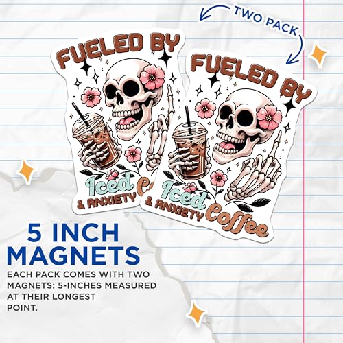 (2 Pack) Skull Fueled by Iced Coffee Anxiety Humor Magnets - Gothic Decor - Quirky Office Decorations - Fueled by Iced Coffee Anxiety Humor - 5" On Longest Side - for Cars, Fridges, Toolboxes - Made