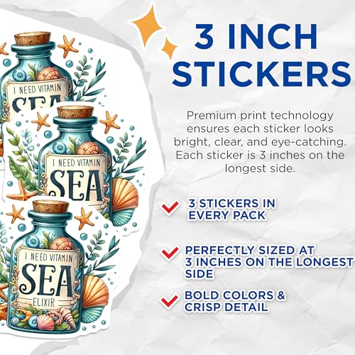 (3 Pack) Vitamin Sea Decals - Beach Lover Decal - Ocean Theme Decals - 3 Inches On Longest Side - Easy Peel & Apply - Made in USA - 3MCS8038