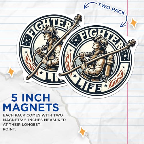 (2 Pack) Fighter Life Magnets - Firefighter Emblem - Fireman Decal - Heroic Sticker - 5" On Longest Side - for Cars, Fridges, Toolboxes - Made in USA - MAG7147