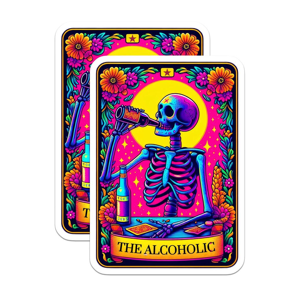 (2 Pack) Alcoholic Skeleton Magnets - Drinking Skull Tarot Art - Psychedelic Fridge Decor - Macabre Kitchen Accent - 5 Inches On Longest Side - Thick Durable Magnet - Made in USA - MAG23478