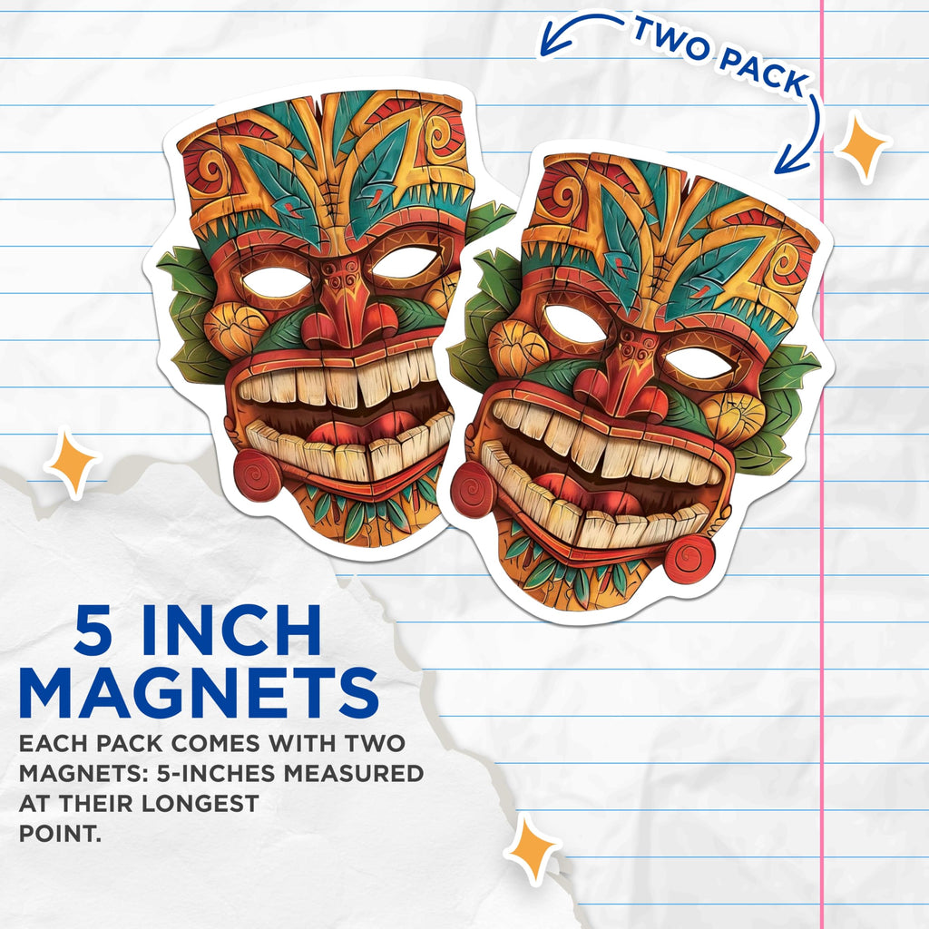 (2 Pack) Intricate Carved Tiki Mask Magnets - Vibrant Tropical Island Art Decor - Polynesian Cultural Refrigerator Accent - 5 Inches On Longest Side - Thick Durable Magnet - Made in USA - MAG20739