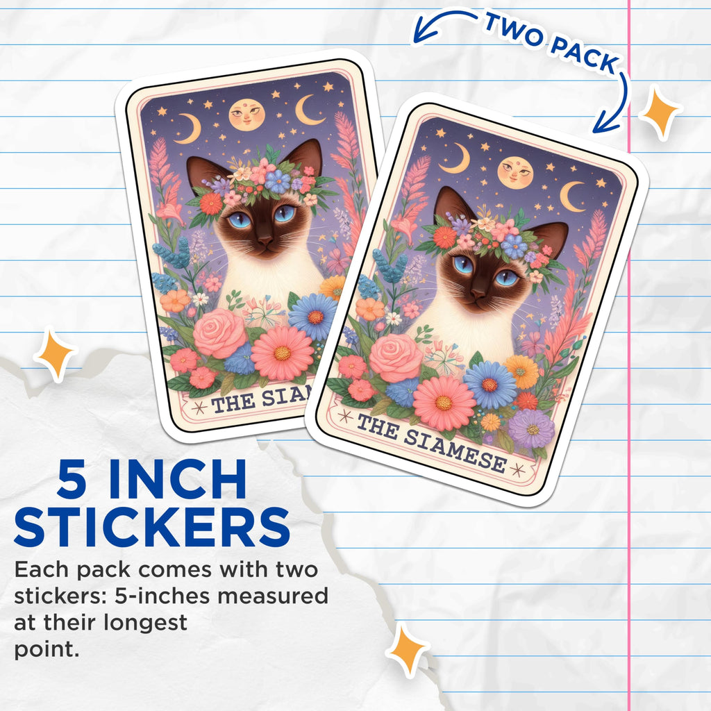 Bliss Monkey Co. (2 Pack) Siamese Cat Stickers - Floral Cat Stickers - 5" On Longest Side - UV Protected, Fade Resistant, Vinyl, Multicolor, Sticks to Metal, Plastic, Glass - Made in USA