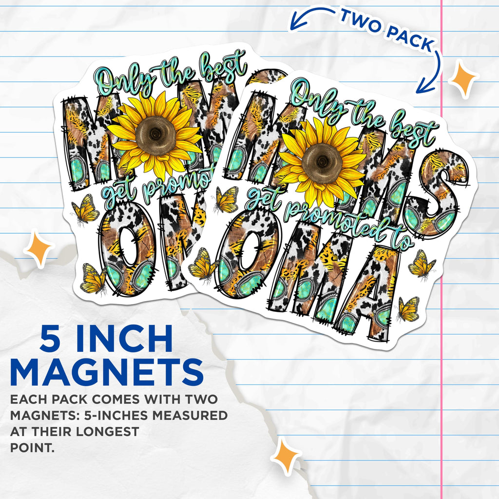 (2 Pack) Oma Magnets - Sunflower Grandma Promotion Decor - Best Moms Leopard Cow Print Butterfly Turquoise Art - 5 Inches On Longest Side - Thick Durable Magnet - Made in USA - MAG23873