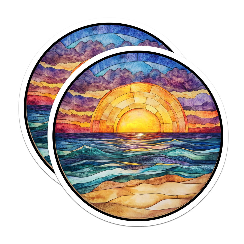 (2 Pack) Stained Glass Sunset Magnets - Ocean Beach Scene - Boho Coastal Decor - 5 Inches On Longest Side - Thick Durable Magnet - Made in USA - MAG25932
