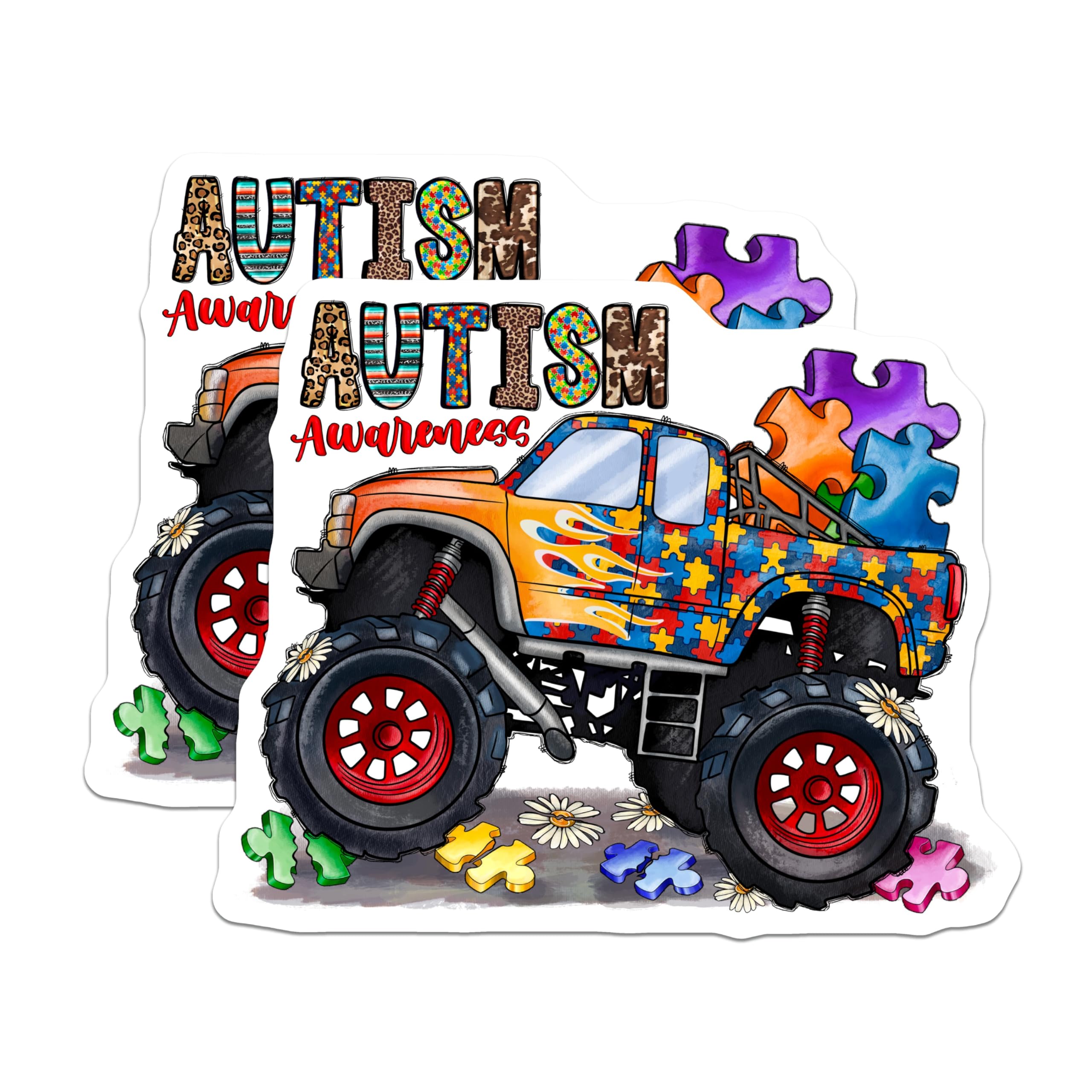 (2 Pack) Autism Awareness Monster Truck Magnets - Puzzle Piece Support - Neurodiversity Ally Decor - 5 Inches On Longest Side - Thick Durable Magnet - Made in USA - MAG27338