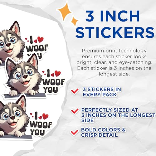 (3 Pack) Husky Decals - I Woof You - Laptop Decal, Dog Lover Decals - 3 Inches On Longest Side - Easy Peel & Apply - Made in USA - 3MCS1402