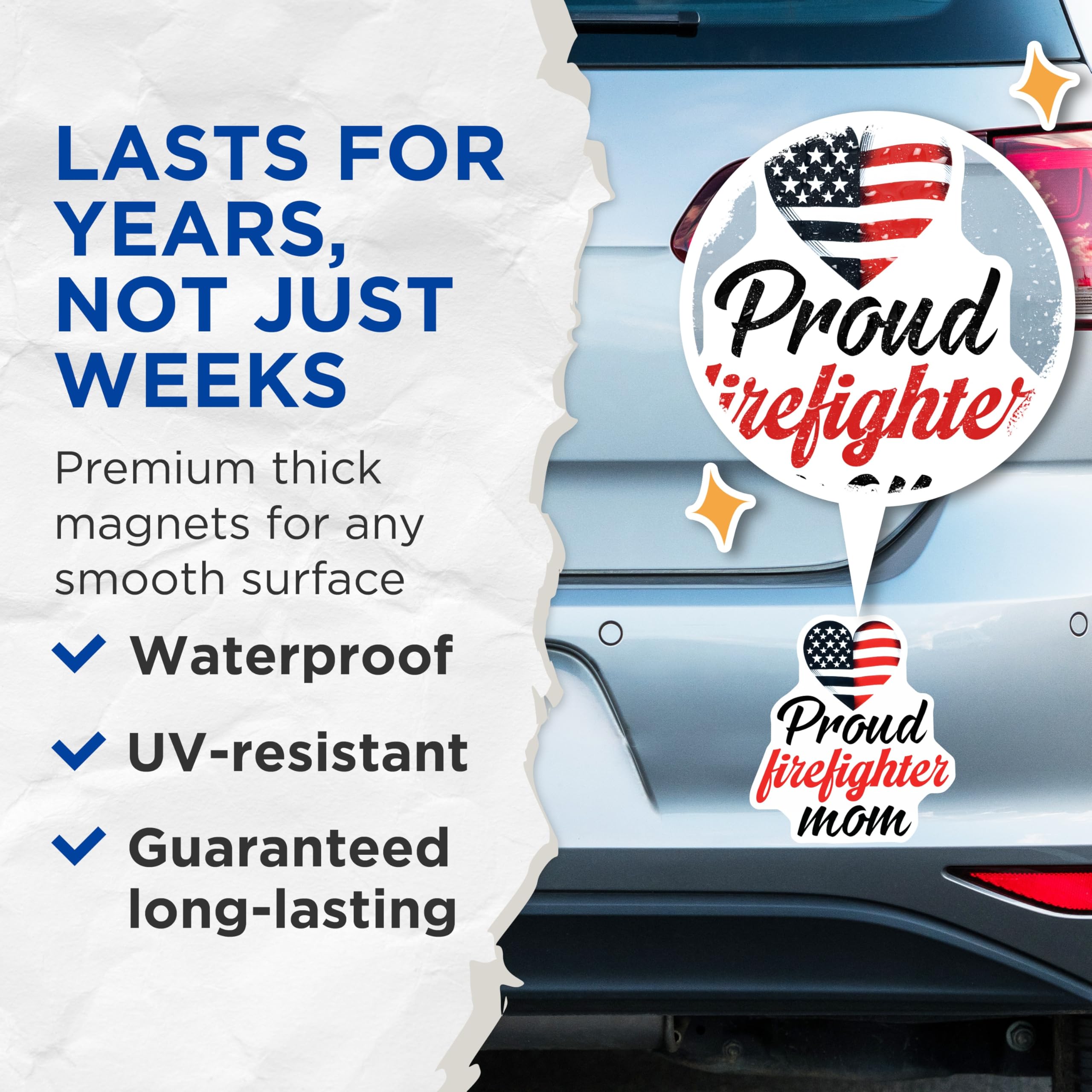 (2 Pack) Firefighter Mom Magnets - Proud Firefighter Parent - American Flag Heart - 5" On Longest Side - Premium Magnet - for Cars, Refrigerators, Toolboxes, Lockers - Made in USA - MAG15506