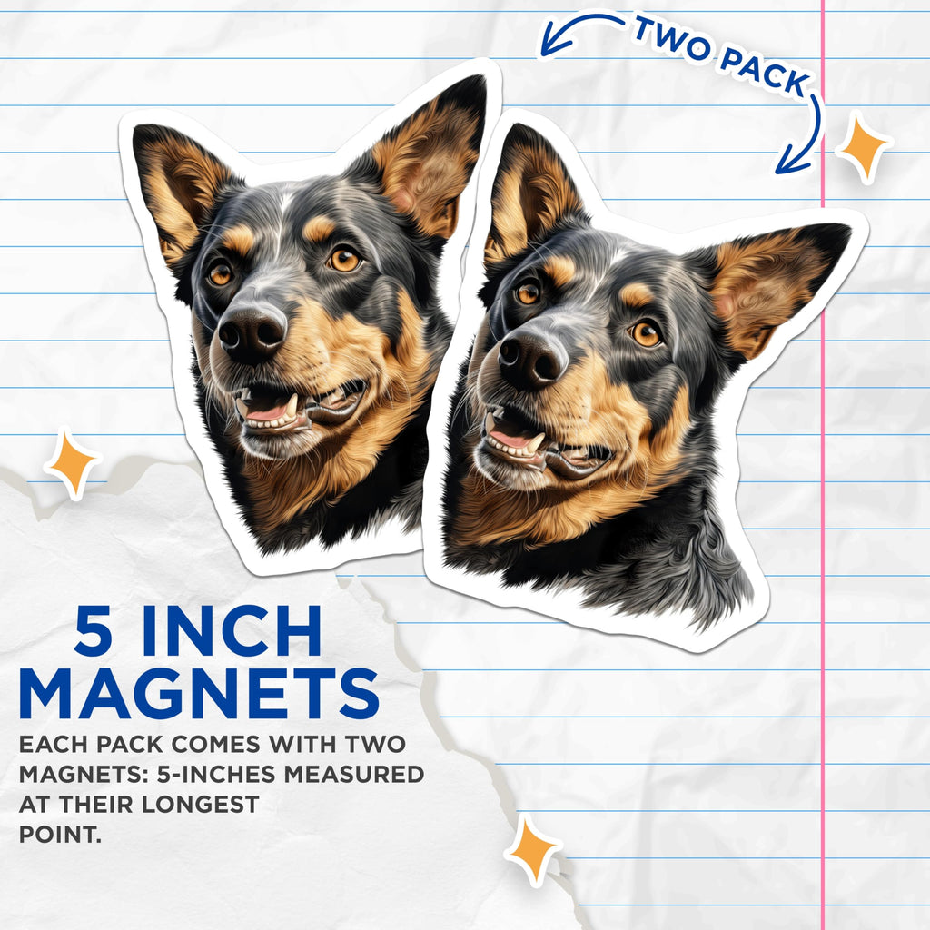 (2 Pack) Australian Cattle Dog Magnets - Blue Heeler Dog Art - Pet Lover Decor Accessory - 5 Inches On Longest Side - Thick Durable Magnet - Made in USA - MAG24094