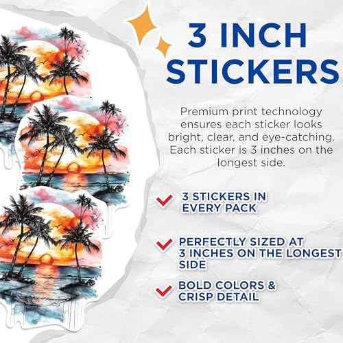 (3 Pack) Palm Trees Sunset Decals - Beach View Stickers - Laptop Decal - 3 Inches On Longest Side - Easy Peel & Apply - Made in USA - 3MCS0607