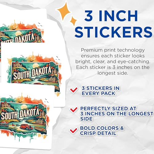 (3 Pack) South Dakota Decals - Retro State Art - Laptop Decal - 3 Inches On Longest Side - Easy Peel & Apply - Made in USA - 3MCS4086