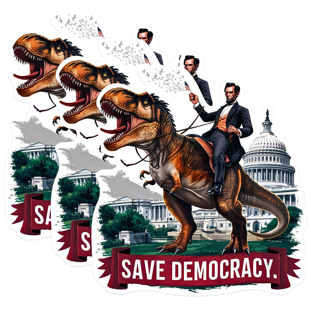 (3 Pack) Lincoln Dinosaur Decals - Funny Political Stickers - Save Democracy Decals - 3 Inches On Longest Side - Easy Peel & Apply - Made in USA - 3MCS0958