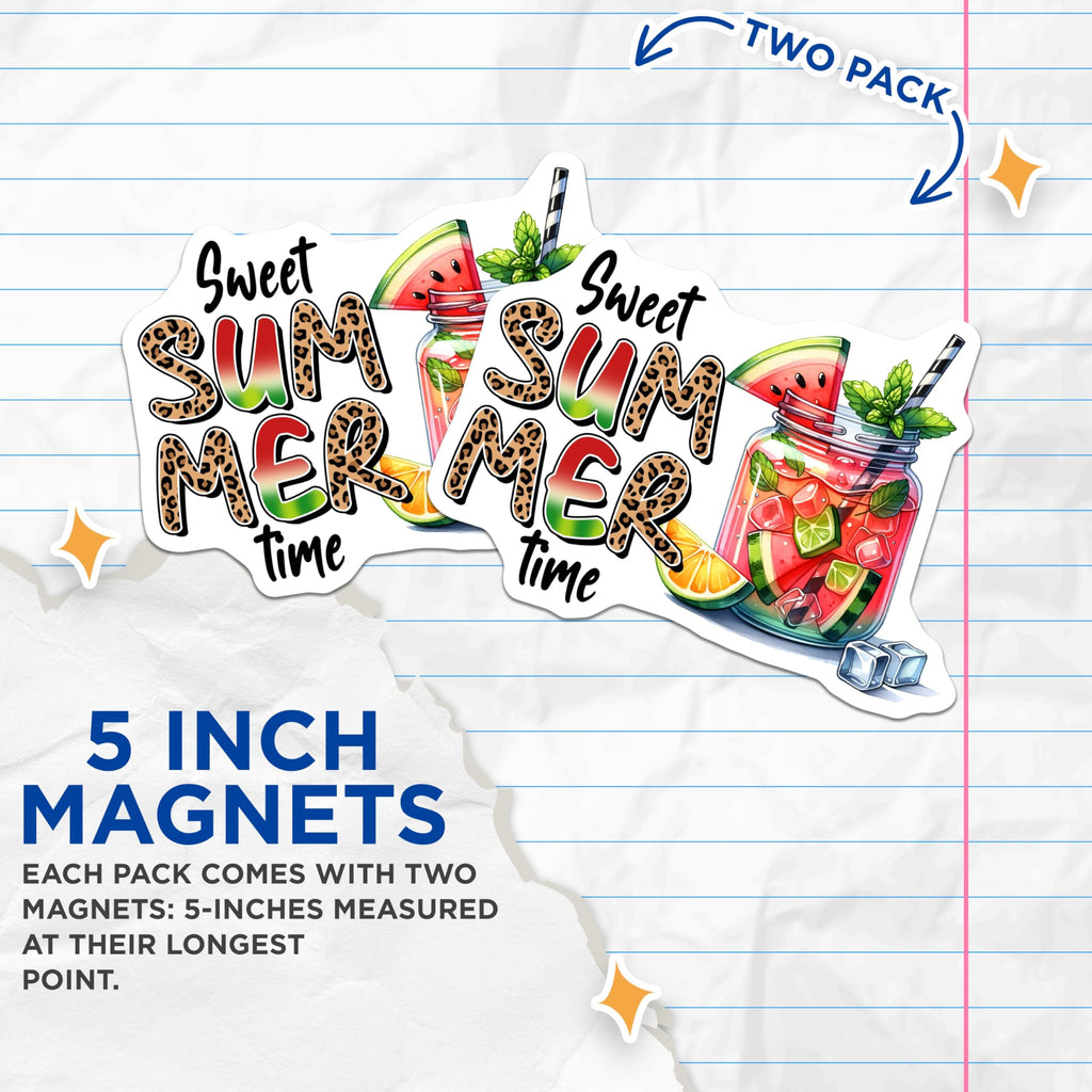 (2 Pack) Sweet Summer Time Magnets - Watermelon Lemonade Design - Fun Summertime Decor - Cute Summer Art - 5" On Longest Side - for Cars, Fridges, Toolboxes - Made in USA - MA