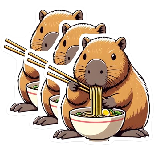 (3 Pack) Capybara Decals - Ramen Lover - Laptop Decal - Funny Animal Decals - 3 Inches On Longest Side - Easy Peel & Apply - Made in USA - 3MCS8666