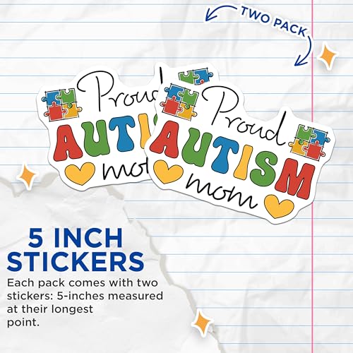 (2 Pack) Proud Autism Mom Stickers - Autism Awareness Decals - Special Needs Support Stickers - 5" On Longest Side - Sticks to Smooth Flat Surfaces - Made in USA - BMCS9704