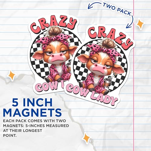 (2 Pack) Crazy Cow Lady Magnets - Funny Animal Magnets - Cute Cow Design Home - Fridge Magnets - 5" On Longest Side - for Cars, Fridges, Toolboxes - Made in USA - MAG3779