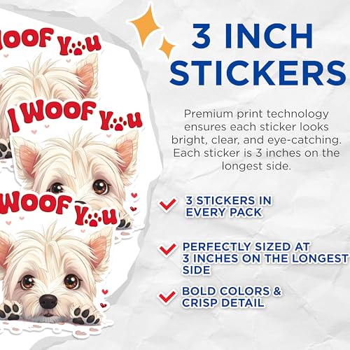 (3 Pack) I Woof You Decals - Cute Dog Stickers - Valentine Puppy Decals - 3 Inches On Longest Side - Easy Peel & Apply - Made in USA - 3MCS1242