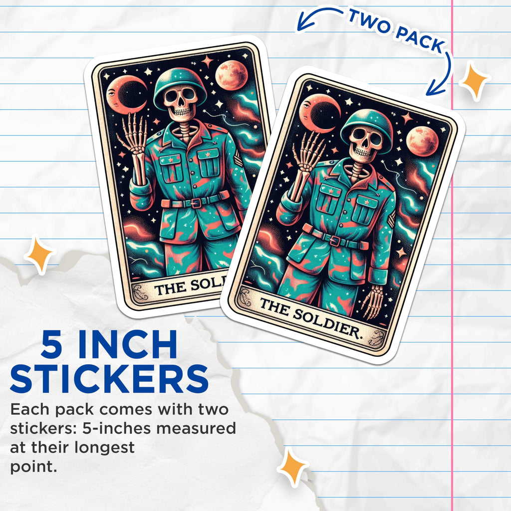 (2 Pack) Skeleton Soldier Stickers - Retro Military Sticker - Cosmic Soldier Sticker - 5" On Longest Side - Sticks to Smooth Flat Surfaces - Made in USA - BMCS5501