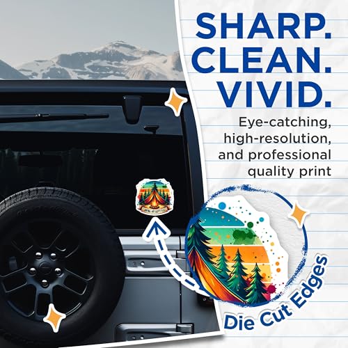 (2 Pack) Camping is My Happy Place Stickers - Camping Tent Scene - Forest Campfire - Outdoor Adventure - 5" On Longest Side - Sticks to Smooth Flat Surfaces - Made in USA - BMCS6606