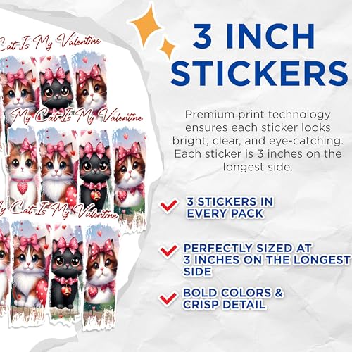 (3 Pack) Cat Valentine Decals - Cute Kitten - Laptop Decals - 3 Inches On Longest Side - Easy Peel & Apply - Made in USA - 3MCS1442