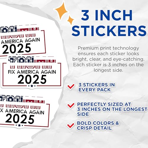 (3 Pack) Fix America Again 2025 Decals - Patriotic Pride - Political Decals - 3 Inches On Longest Side - Easy Peel & Apply - Made in USA - 3MCS4293