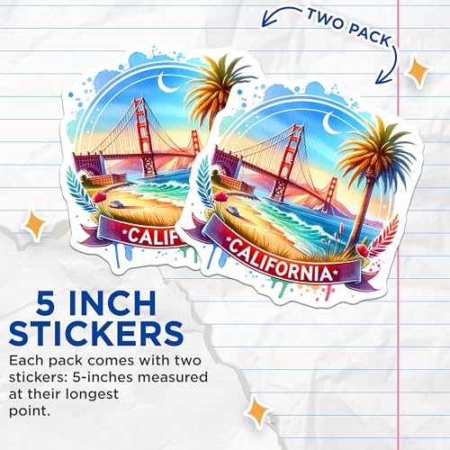 (2 Pack) California Stickers - Golden Gate Bridge - Palm Tree Summer Vibes - Scenic California Decal - 5" On Longest Side - Sticks to Smooth Flat Surfaces - Made in USA - BMCS7028