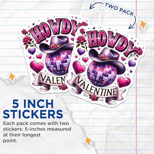 (2 Pack) Howdy Valentine Stickers - Cowboy Love Stickers - Disco Heart Stickers - 5" On Longest Side - Sticks to Any Smooth Flat Surface - Made in USA - BMCS3134