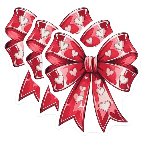 (3 Pack) Heart Bow Decals - Red Ribbon - Valentine's Day Decor - 3 Inches On Longest Side - Easy Peel & Apply - Made in USA - 3MCS2330
