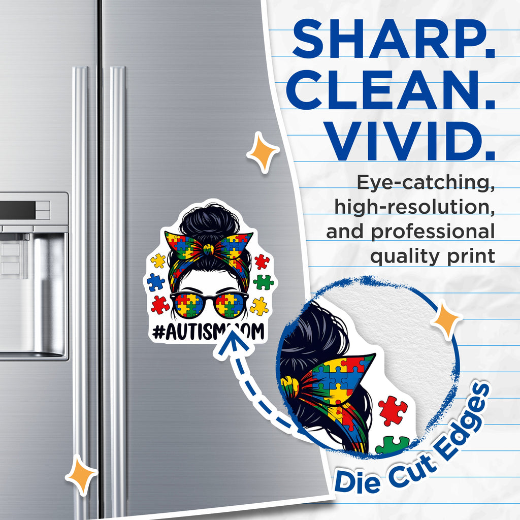 (2 Pack) Autism Mom Magnets - Messy Bun Mama Style - Puzzle Piece Awareness Decor for Refrigerator and Locker - 5 Inches On Longest Side - Thick Durable Magnet - Made in USA - MAG38533