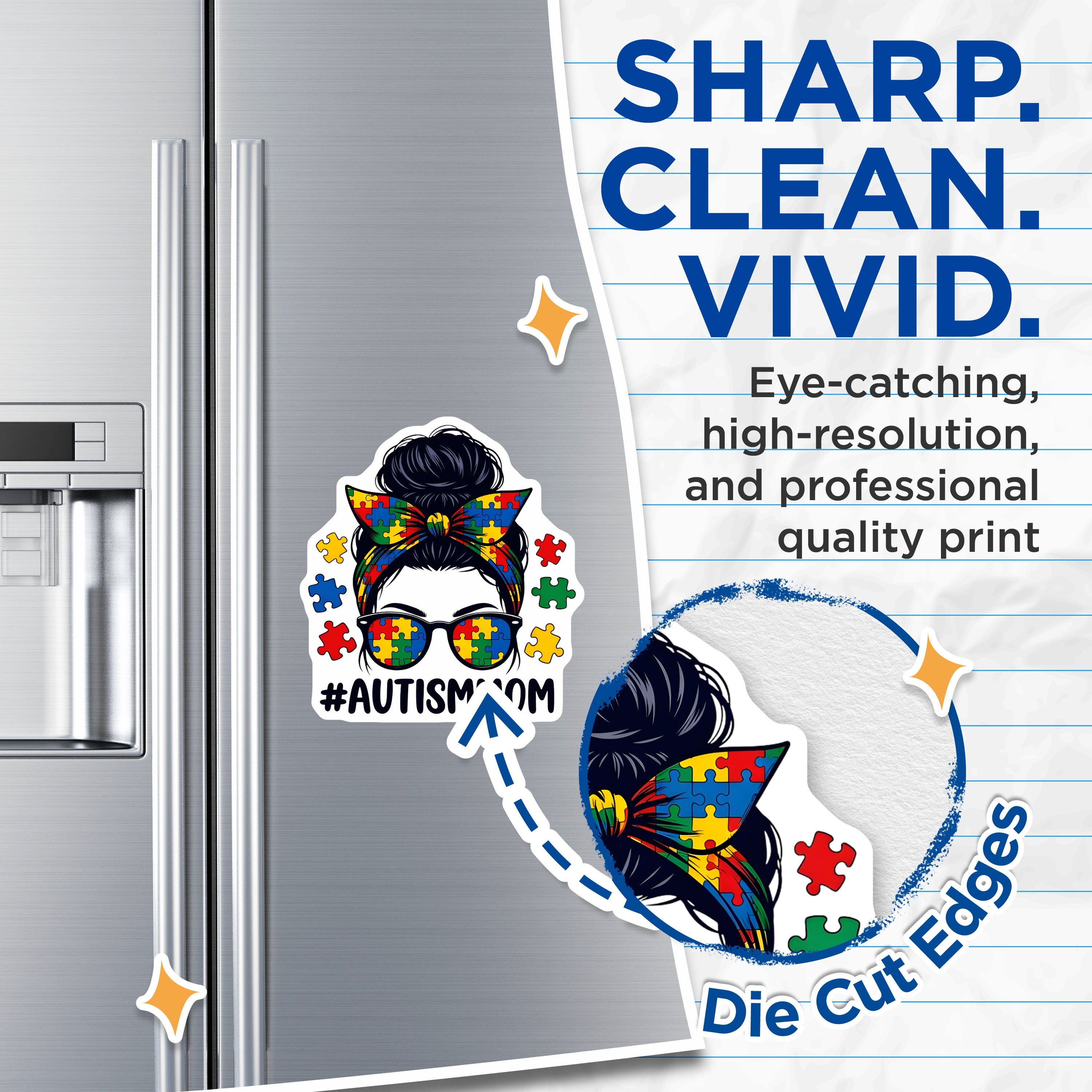 (2 Pack) Autism Mom Magnets - Messy Bun Mama Style - Puzzle Piece Awareness Decor for Refrigerator and Locker - 5 Inches On Longest Side - Thick Durable Magnet - Made in USA - MAG38533