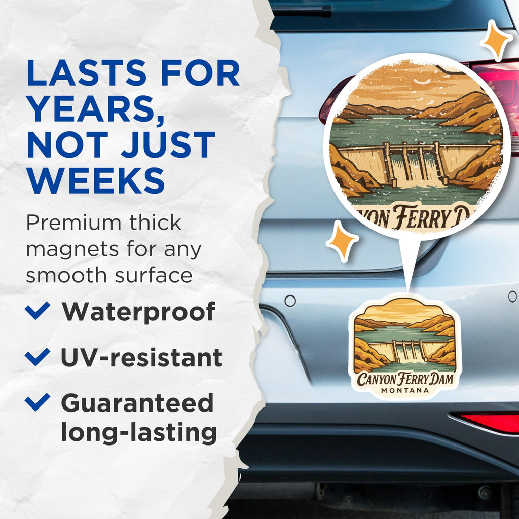 (2 Pack) Canyon Ferry Dam Magnets - Montana Lake Reservoir Scenery - Vintage Travel Illustration Art - USA State Landmark - 5 Inches On Longest Side - Thick Durable Magnet - Made in USA - MAG20127