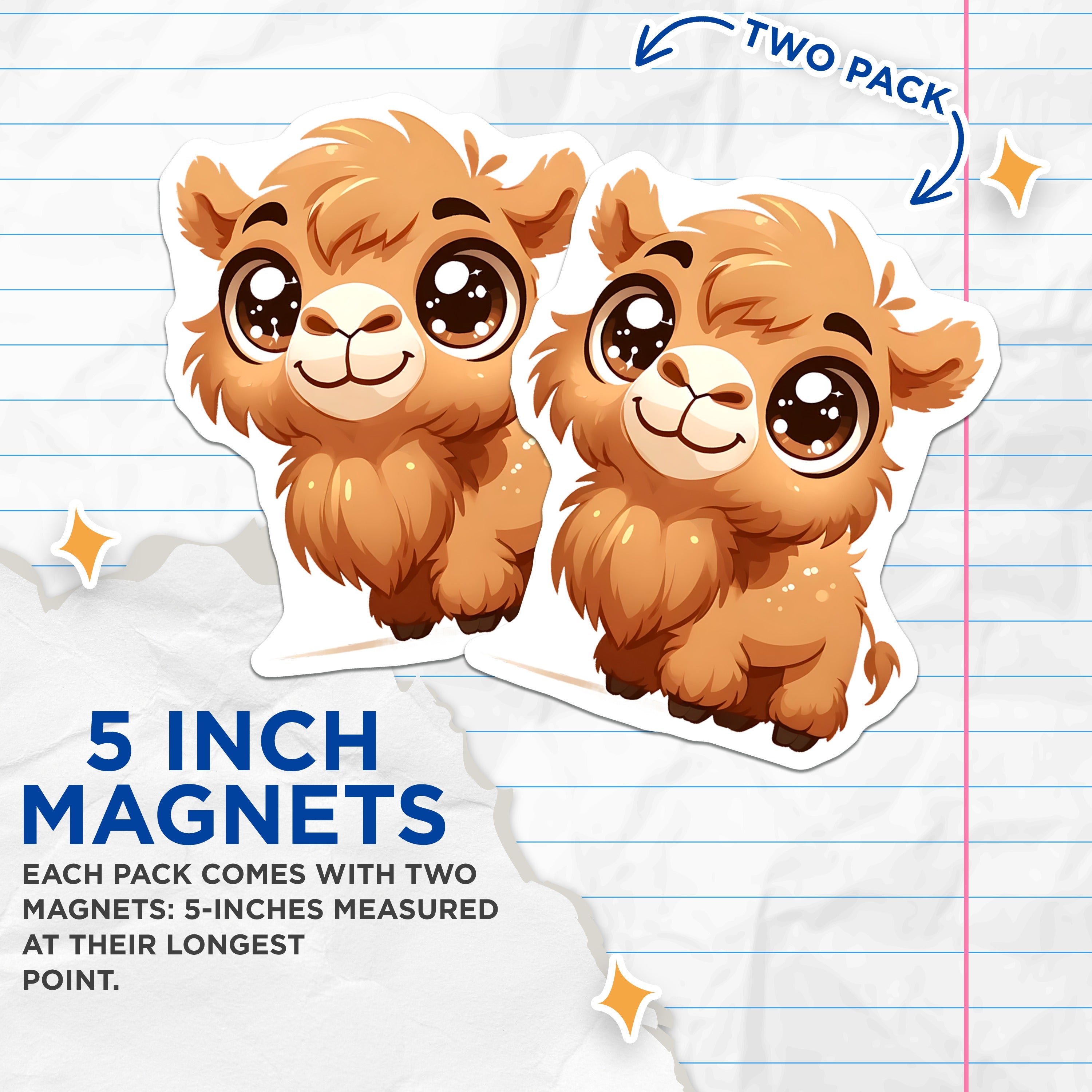(2 Pack) Cute Big Eyed Baby Camel Magnets - Adorable Kawaii Animal Decor - Fridge Locker Nursery Room Accent - 5 Inches On Longest Side - Thick Durable Magnet - Made in USA - MAG39683