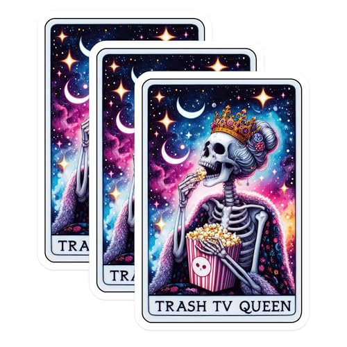 (3 Pack) Trash TV Queen Decals - Skeleton Crown Popcorn - Galaxy Stars Decals - 3 Inches On Longest Side - Easy Peel & Apply - Made in USA - 3MCS4291