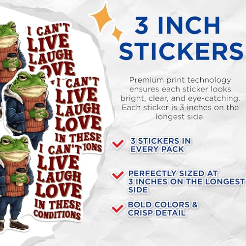 (3 Pack) Frog Decals - Funny Frog - Live Laugh Love Decals - 3 Inches On Longest Side - Easy Peel & Apply - Made in USA - 3MCS0947
